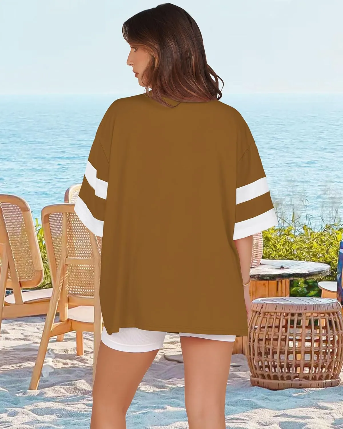 Oversized Tshirts for Women Summer Round Neck Striped Loose Tee Tops