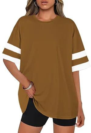 Oversized Tshirts for Women Summer Round Neck Striped Loose Tee Tops