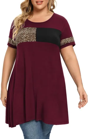 OVERWORETY Plus Size Tunics for Women Short Sleeve Animal Print Color Block Swing Tee Tops Shirts