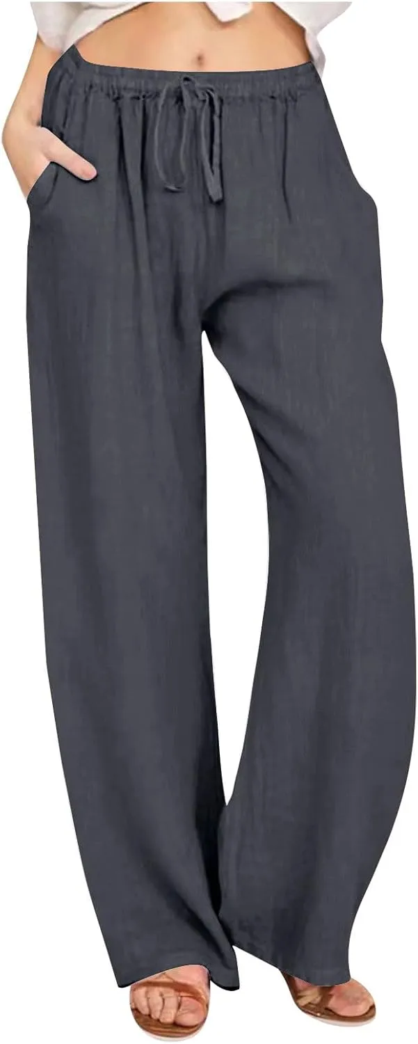 Palazzo Pants for Women 2024 Summer High Wasited Lounge Pants Drawstring Cotton Linen Casual Trousers with Pockets