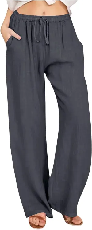 Palazzo Pants for Women 2024 Summer High Wasited Lounge Pants Drawstring Cotton Linen Casual Trousers with Pockets