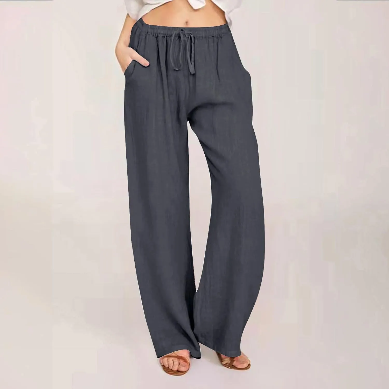 Palazzo Pants for Women 2024 Summer High Wasited Lounge Pants Drawstring Cotton Linen Casual Trousers with Pockets