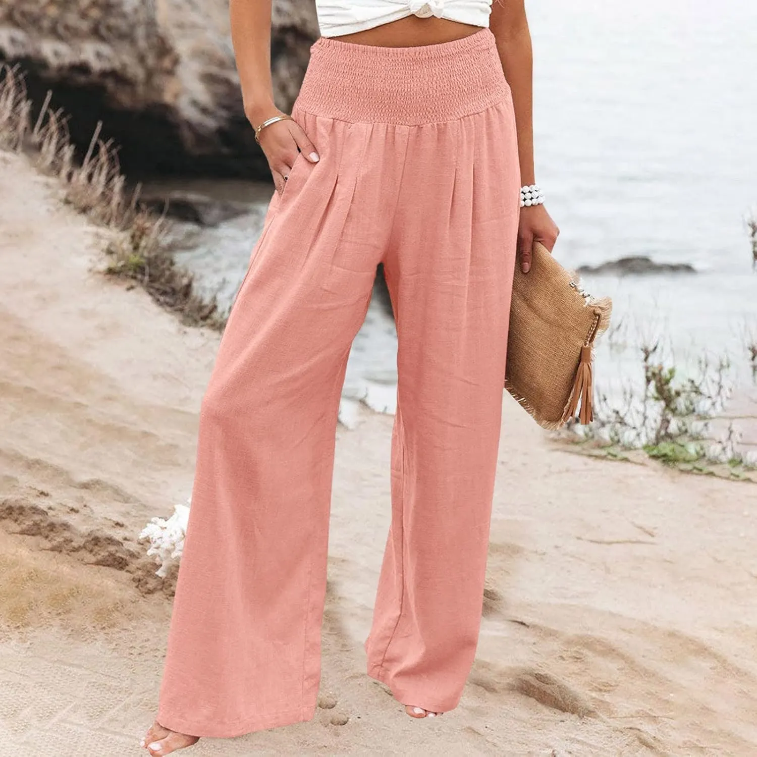 Pants for Women Trendy Pants Comfy Work Pants with Pockets Elastic High Waist Paper Bag Drawstring N De Lino para