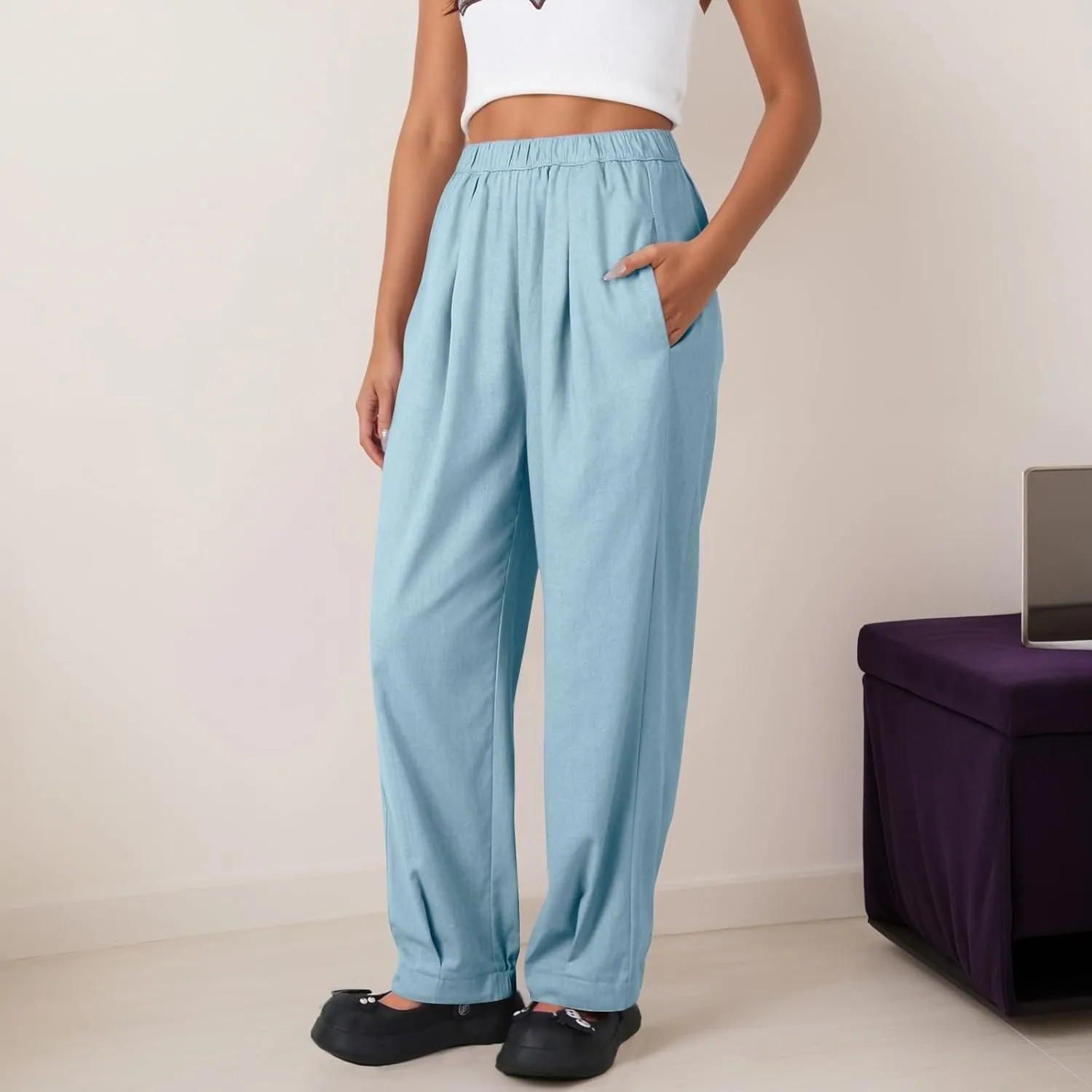 Pants for Women Women's Autumn Fashion Solid Color Elastic Waisted Casual Cropped Pants with Pockets 2024