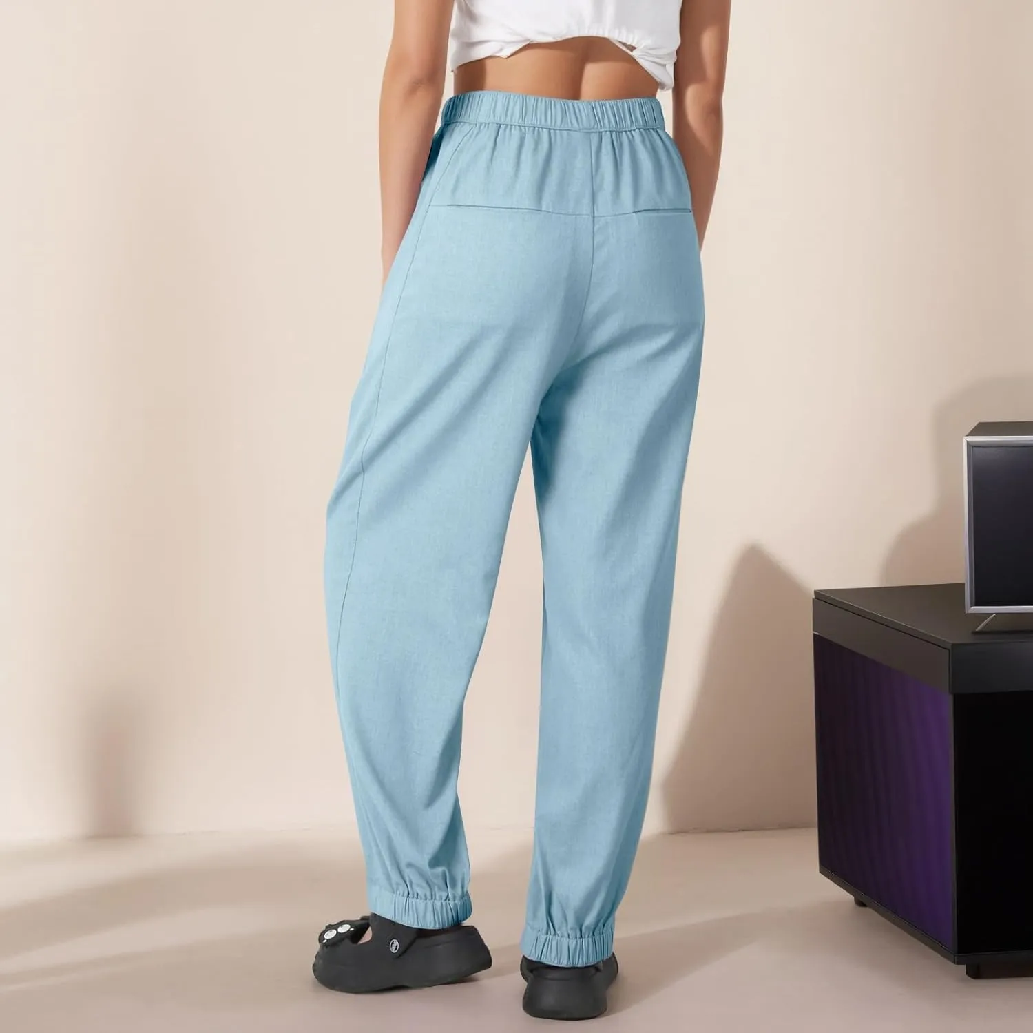 Pants for Women Women's Autumn Fashion Solid Color Elastic Waisted Casual Cropped Pants with Pockets 2024