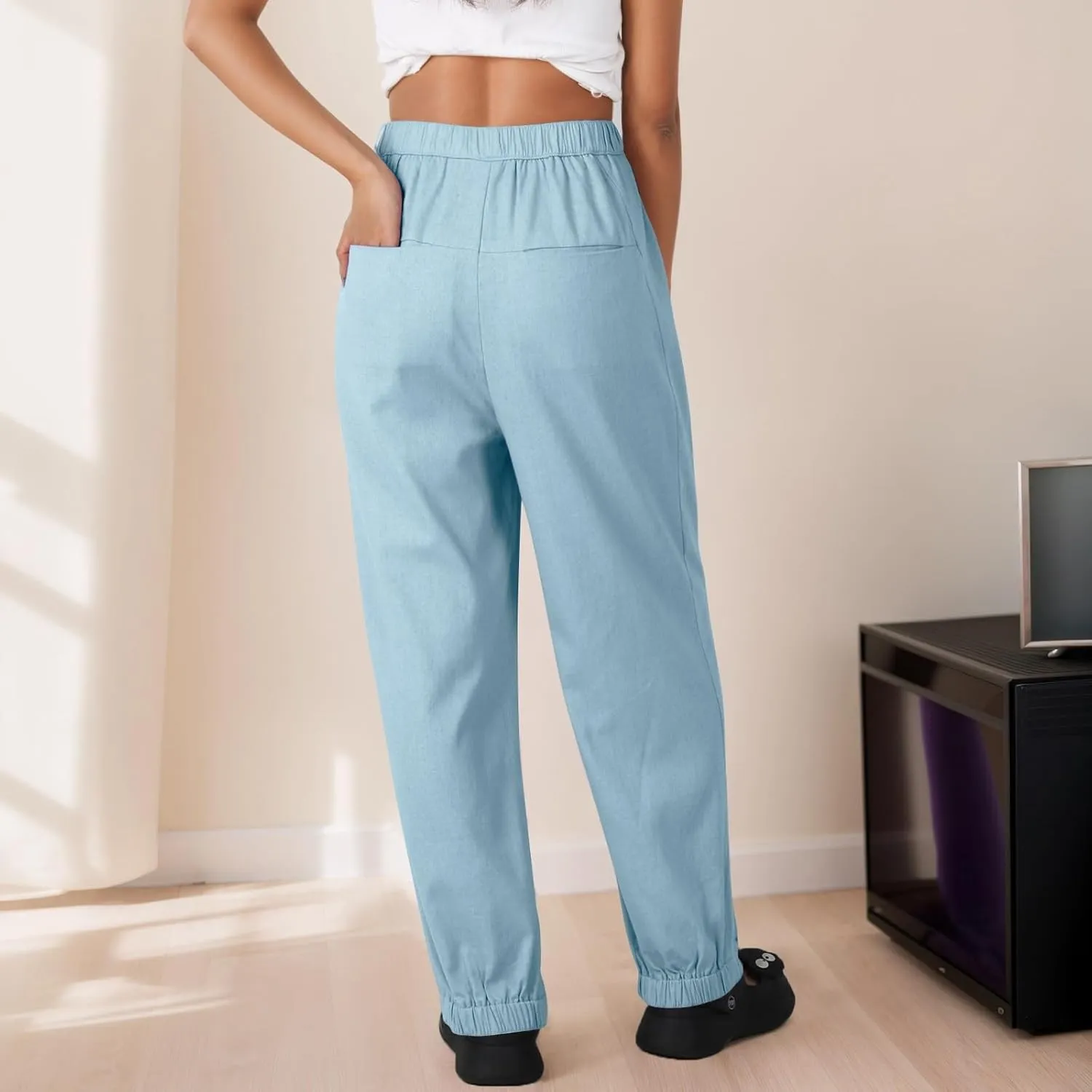 Pants for Women Women's Autumn Fashion Solid Color Elastic Waisted Casual Cropped Pants with Pockets 2024