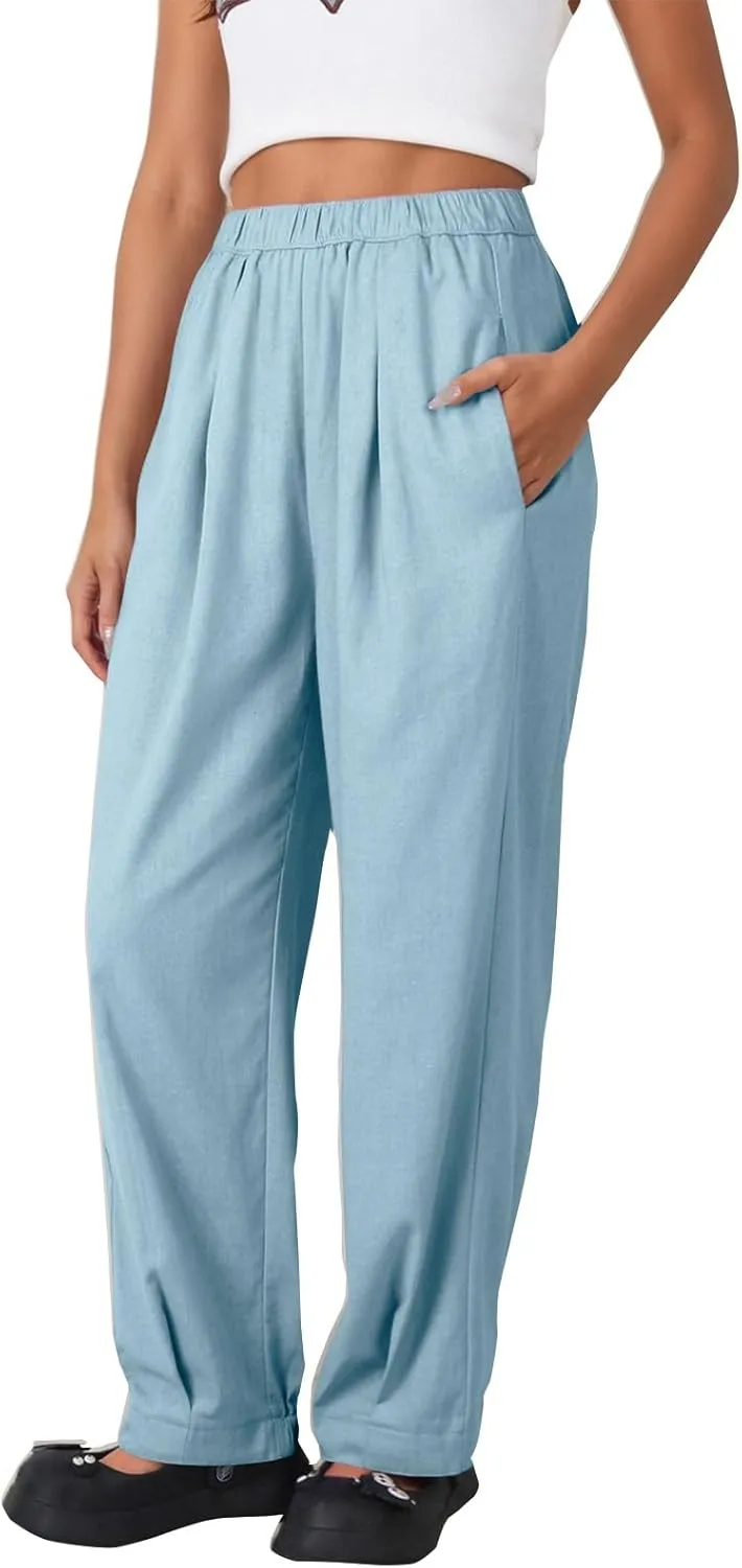 Pants for Women Women's Autumn Fashion Solid Color Elastic Waisted Casual Cropped Pants with Pockets 2024