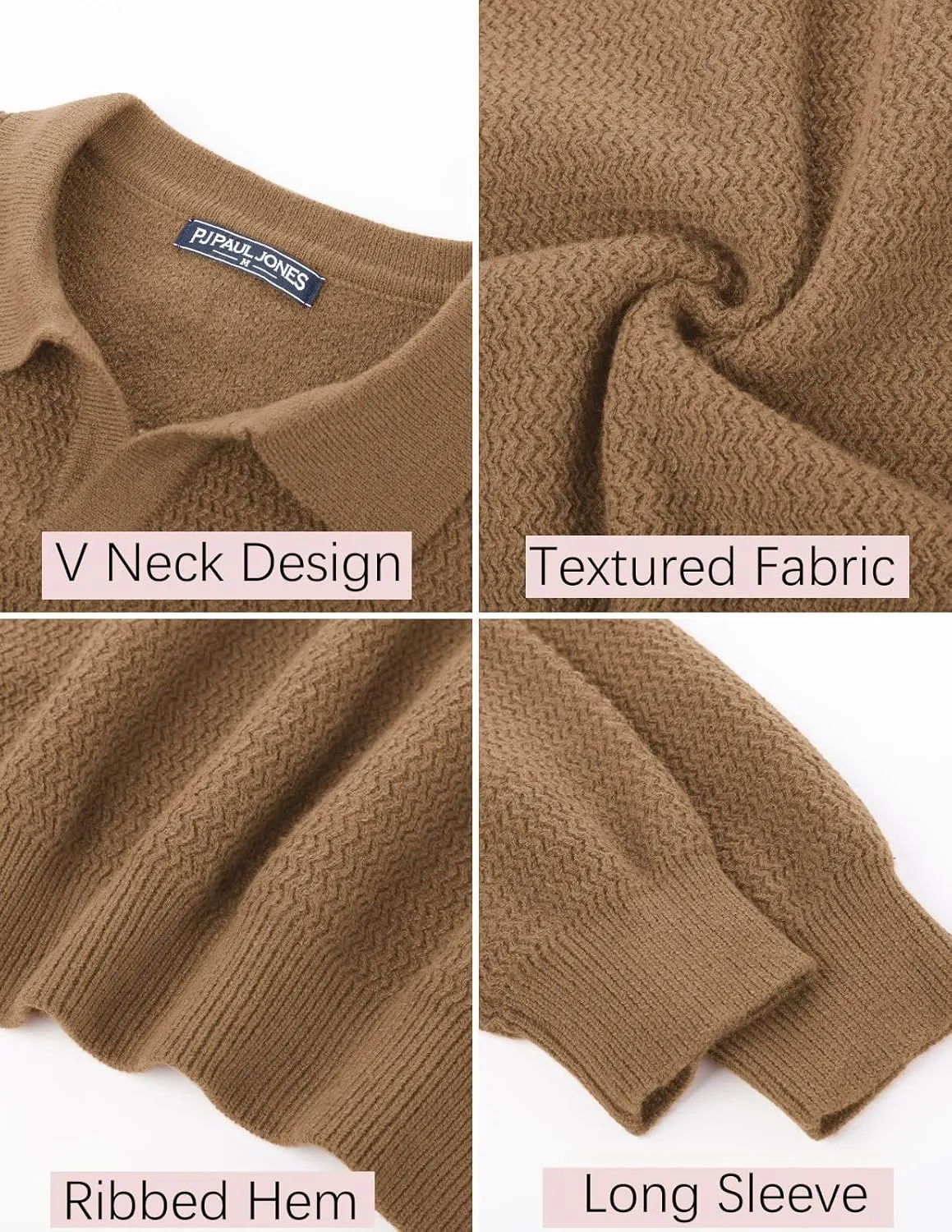 PJ PAUL JONES Men's Sweater V Neck Pullover Sweater Long Sleeve Cable Knit Textured Sweater