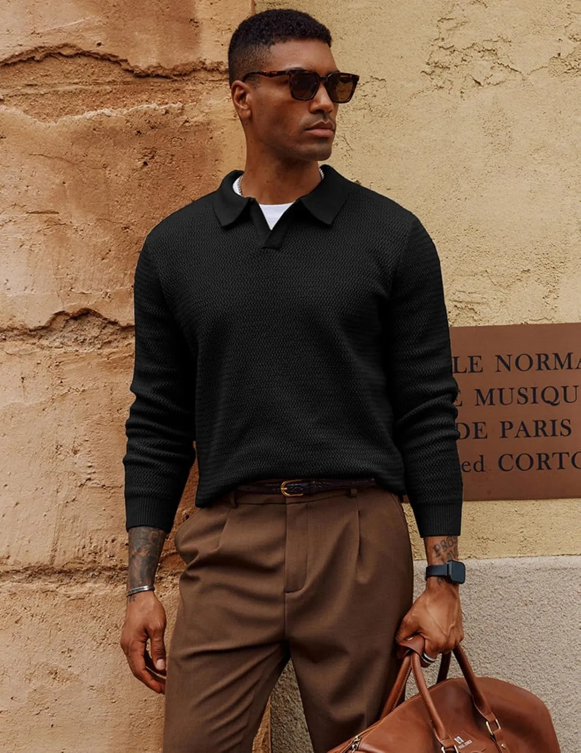 PJ PAUL JONES Men's Sweater V Neck Pullover Sweater Long Sleeve Cable Knit Textured Sweater