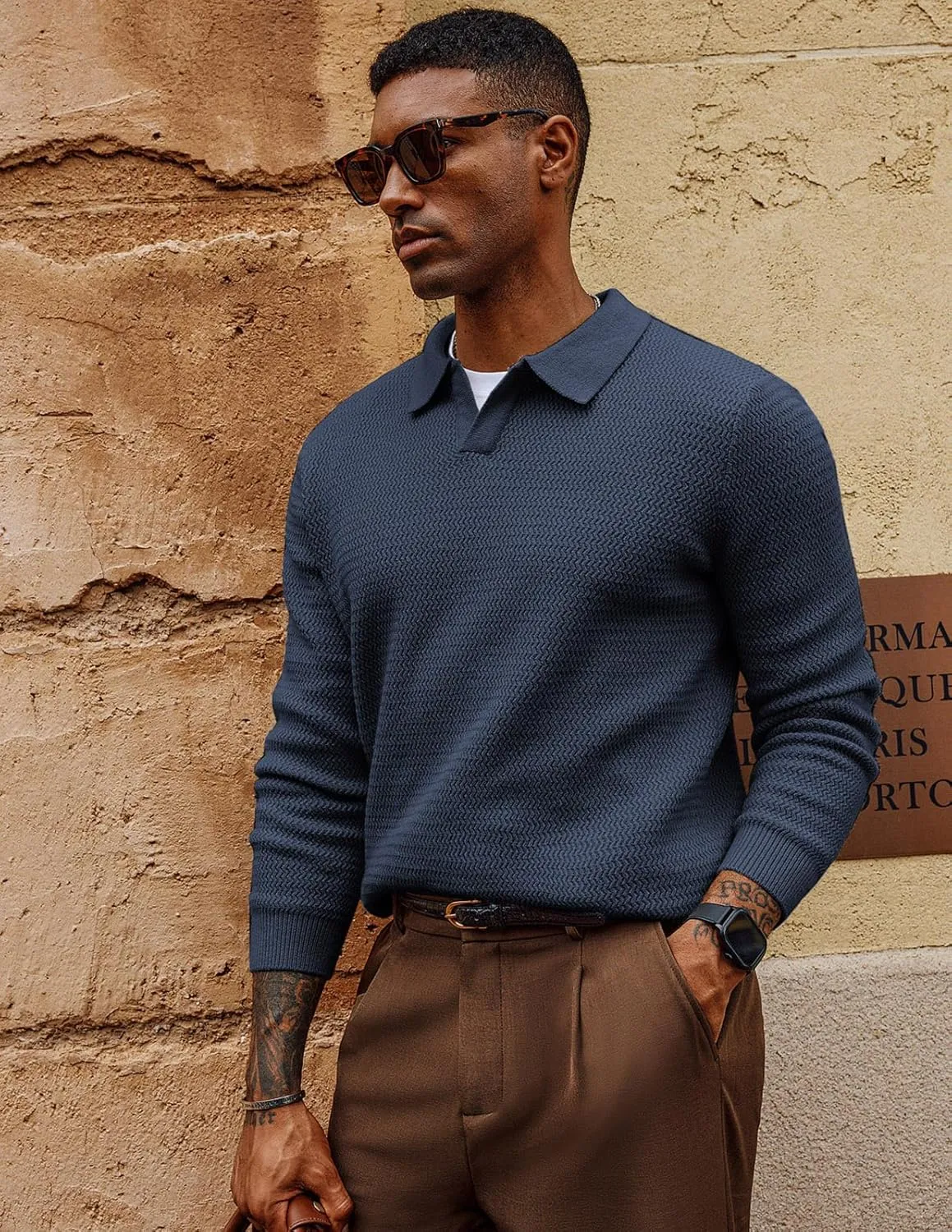 PJ PAUL JONES Men's Sweater V Neck Pullover Sweater Long Sleeve Cable Knit Textured Sweater