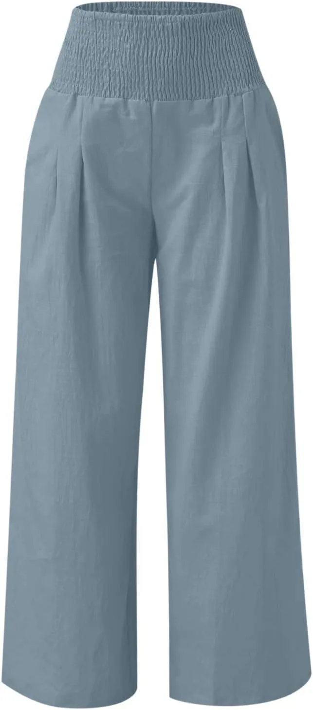 Plus Size Cotton Linen Pants for Women Casual Elastic High Waist Wide Leg Pants 2025 Summer Fashion Trousers with Pockets