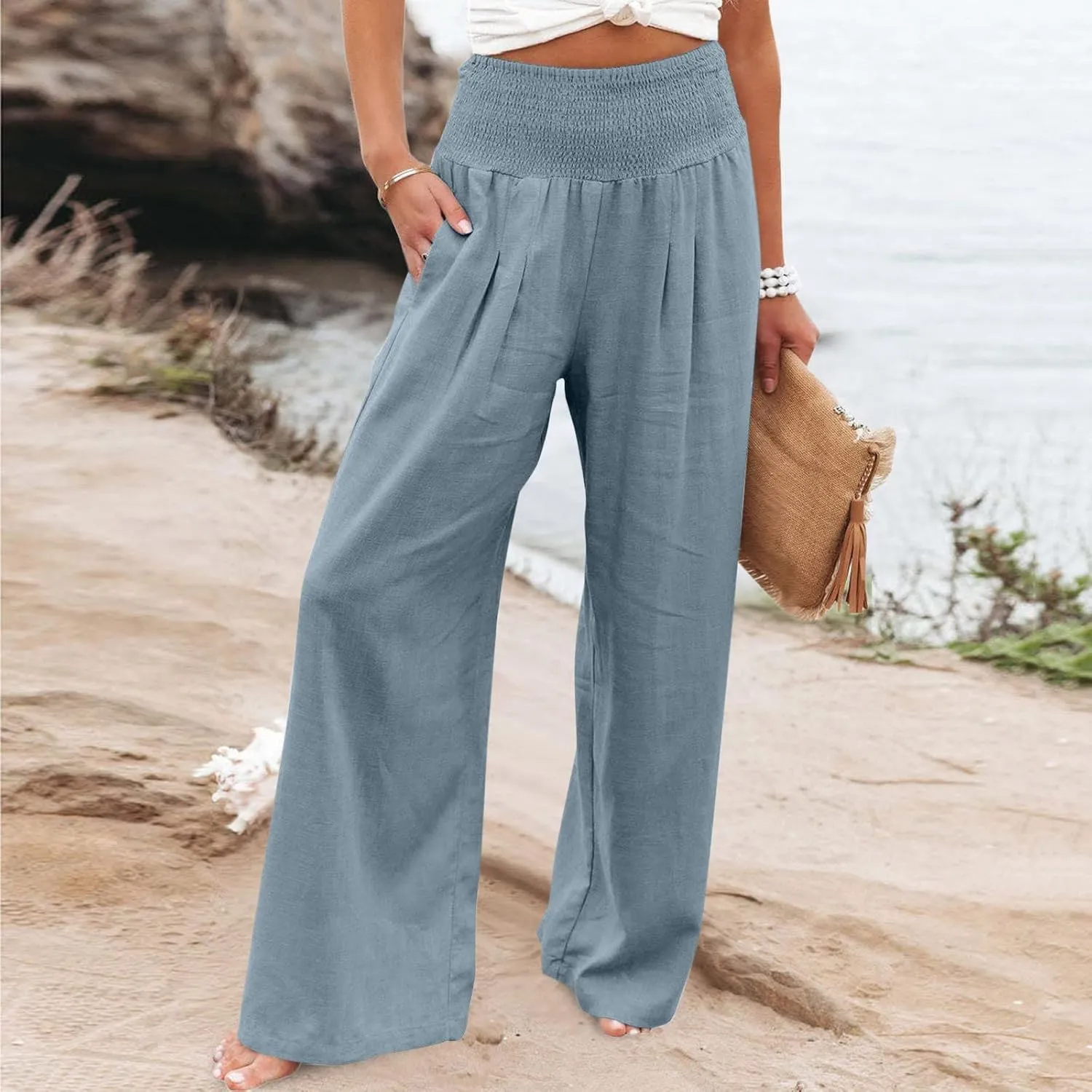 Plus Size Cotton Linen Pants for Women Casual Elastic High Waist Wide Leg Pants 2025 Summer Fashion Trousers with Pockets