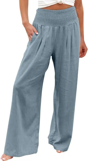 Plus Size Cotton Linen Pants for Women Casual Elastic High Waist Wide Leg Pants 2025 Summer Fashion Trousers with Pockets