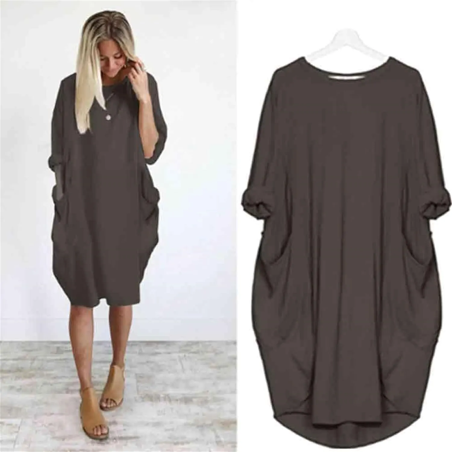Plus Size Dresses for Curvy Women Casual Roll-Up Oversized Tunic Dress Loose Baggy Tshirt Midi Derss Tops with Pockets