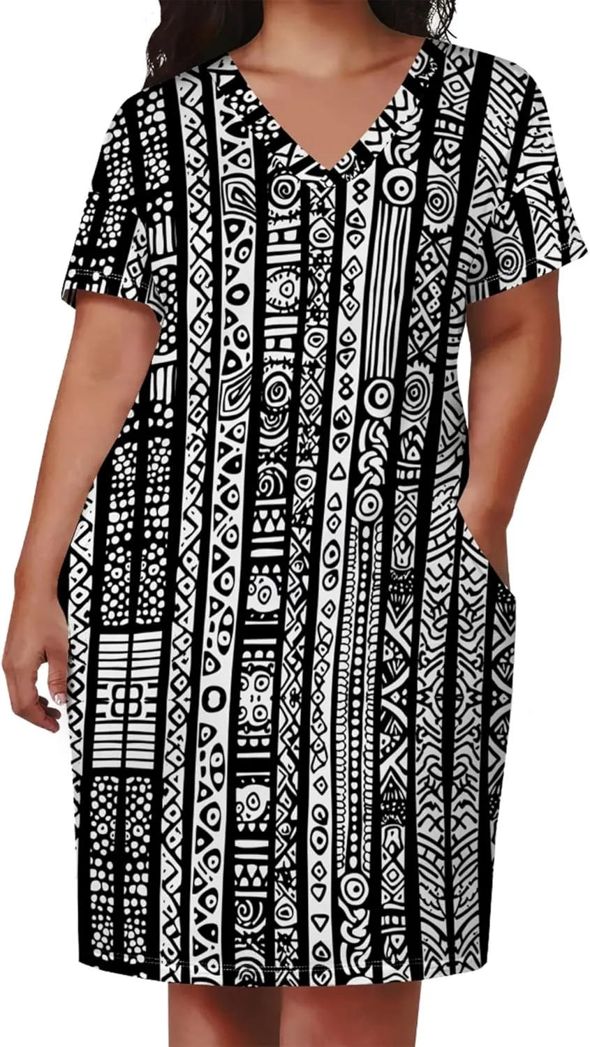 Plus Size for Women Midi Dress Sexy Curvy Casual T-Shirt Dresses V Neck Short Sleeve Long Dress with Pockets 2024