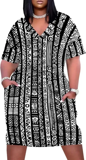 Plus Size for Women Midi Dress Sexy Curvy Casual T-Shirt Dresses V Neck Short Sleeve Long Dress with Pockets 2024