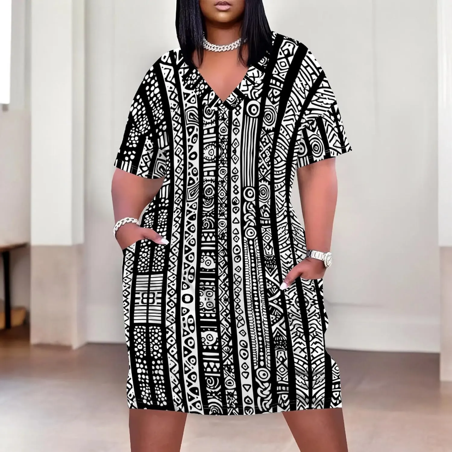 Plus Size for Women Midi Dress Sexy Curvy Casual T-Shirt Dresses V Neck Short Sleeve Long Dress with Pockets 2024