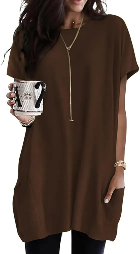 Poetsky Summer Womens Tunic Tops for Leggings with Pockets Short Sleeve Casual Long T Shirts