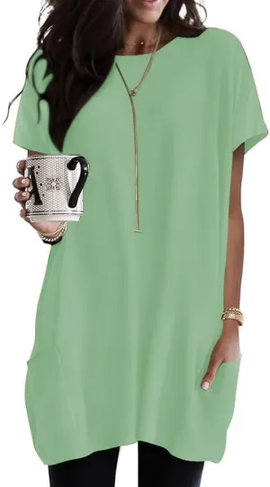 Poetsky Summer Womens Tunic Tops for Leggings with Pockets Short Sleeve Casual Long T Shirts