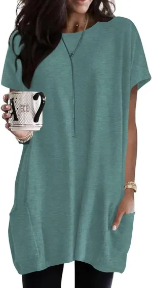 Poetsky Summer Womens Tunic Tops for Leggings with Pockets Short Sleeve Casual Long T Shirts
