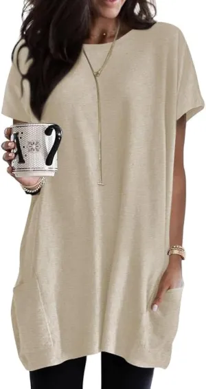 Poetsky Summer Womens Tunic Tops for Leggings with Pockets Short Sleeve Casual Long T Shirts
