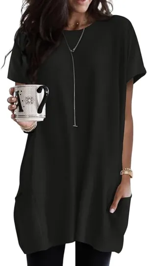 Poetsky Summer Womens Tunic Tops for Leggings with Pockets Short Sleeve Casual Long T Shirts