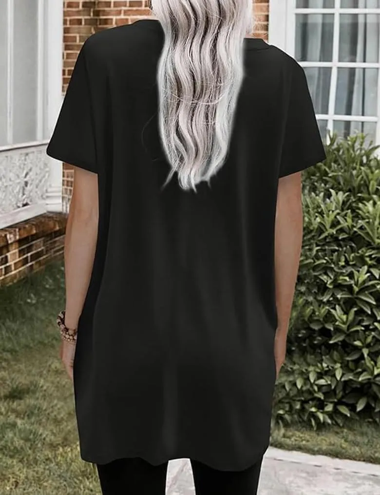Poetsky Summer Womens Tunic Tops for Leggings with Pockets Short Sleeve Casual Long T Shirts