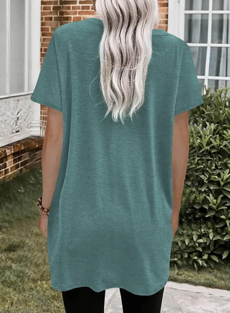 Poetsky Summer Womens Tunic Tops for Leggings with Pockets Short Sleeve Casual Long T Shirts