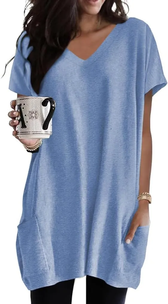 Poetsky Summer Womens Tunic Tops for Leggings with Pockets Vneck Short Sleeve Casual Long T Shirts S-3XL
