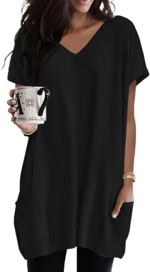 Poetsky Summer Womens Tunic Tops for Leggings with Pockets Vneck Short Sleeve Casual Long T Shirts S-3XL