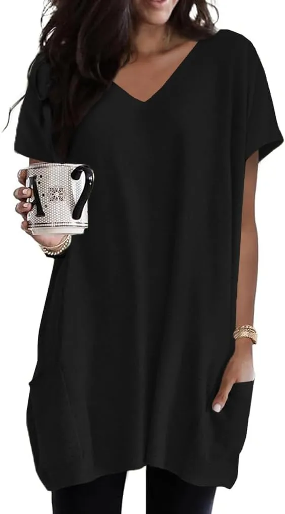 Poetsky Summer Womens Tunic Tops for Leggings with Pockets Vneck Short Sleeve Casual Long T Shirts S-3XL