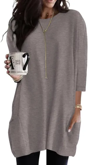 Poetsky Womens 3/4 Sleeve Tunics or Tops to Wear with Leggings Long Shirts Tops with Pockets