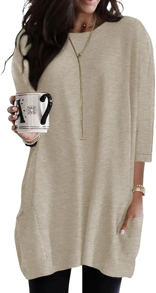Poetsky Womens 3/4 Sleeve Tunics or Tops to Wear with Leggings Long Shirts Tops with Pockets