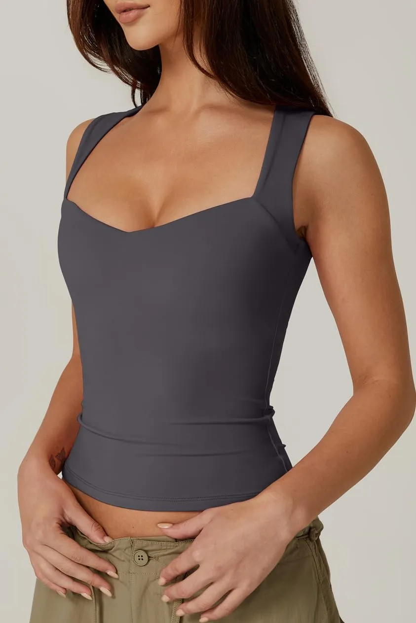 QINSEN Women's Sexy Sweetheart Neck Sleeveless T Shirts Double Lined Tees Slimming Fit Tops