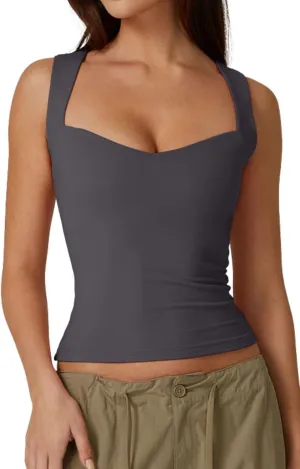 QINSEN Women's Sexy Sweetheart Neck Sleeveless T Shirts Double Lined Tees Slimming Fit Tops