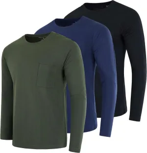 Real Essentials 3 Pack: Men's Cotton Performance Long Sleeve Crew Neck Pocket T-Shirt Athletic Top (Available in Big & Tall)