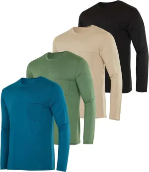 Real Essentials 4 Pack: Men's Dry-Fit Active Athletic Long Sleeve Pocket Crew T-Shirt Outdoors UPF 50 S-5XLT
