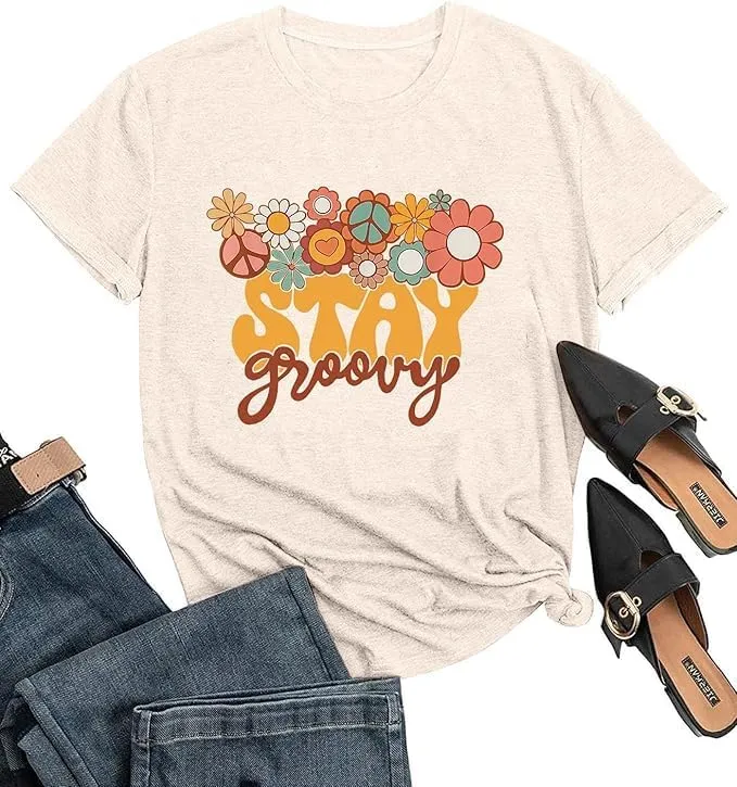 Retro Stay Groovy Shirt Women Floral Graphic Tee Hippie Vintage 70s Disco Peace Casual Short Sleeve Top