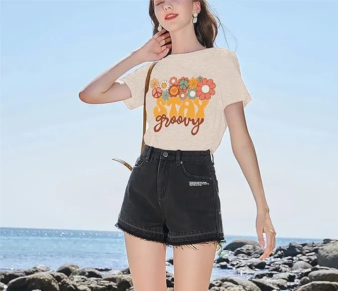 Retro Stay Groovy Shirt Women Floral Graphic Tee Hippie Vintage 70s Disco Peace Casual Short Sleeve Top