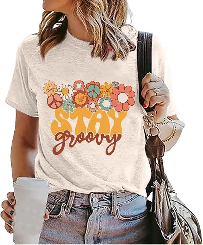 Retro Stay Groovy Shirt Women Floral Graphic Tee Hippie Vintage 70s Disco Peace Casual Short Sleeve Top
