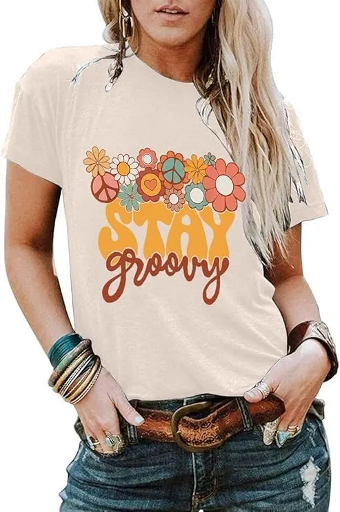 Retro Stay Groovy Shirt Women Floral Graphic Tee Hippie Vintage 70s Disco Peace Casual Short Sleeve Top