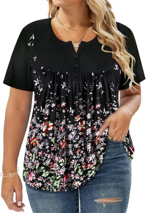 RITERA Womens Plus Size Casual Tops V Round Neck Tshirts Blouse for Women Girls Basic Summer Black Tops Solid Color XL 5XL