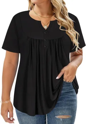 RITERA Womens Plus Size Casual Tops V Round Neck Tshirts Blouse for Women Girls Basic Summer Black Tops Solid Color XL 5XL