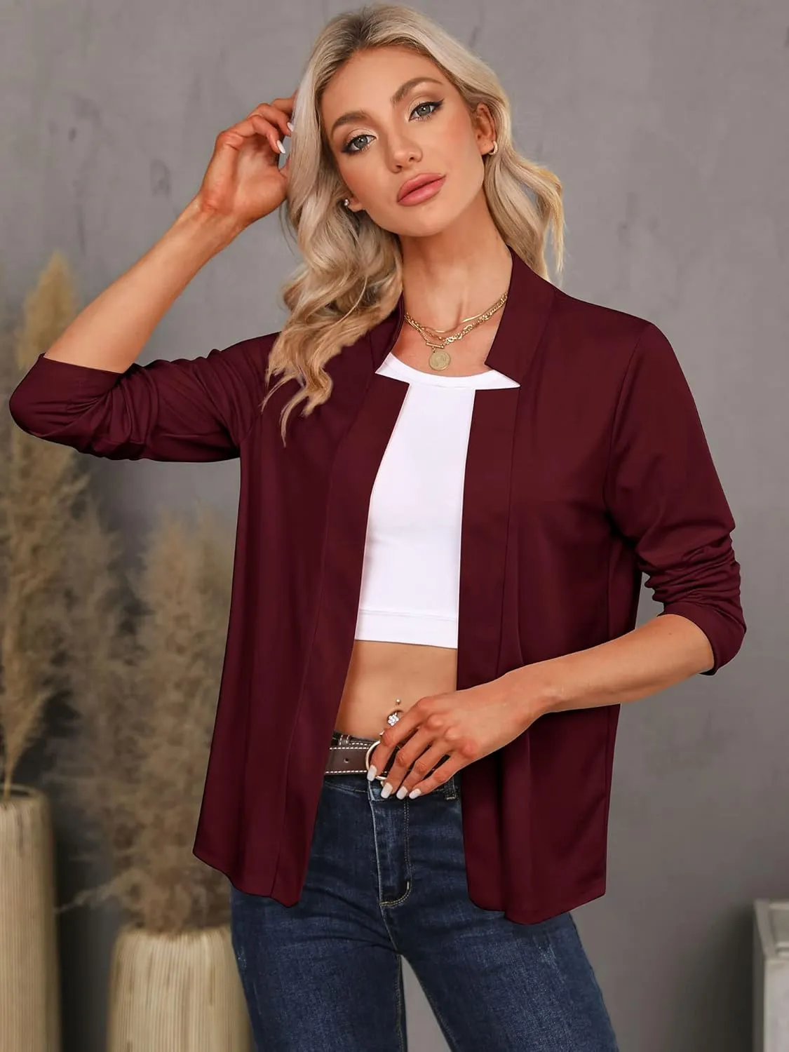 RMCMS Womens Blazer Cropped Open Front Dress Jacket Lightweight Stand Collar Casual Office Suit Jacket