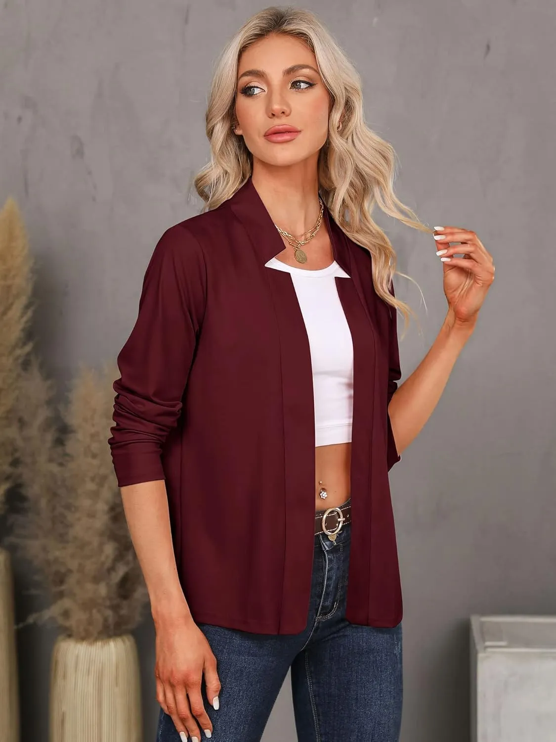 RMCMS Womens Blazer Cropped Open Front Dress Jacket Lightweight Stand Collar Casual Office Suit Jacket