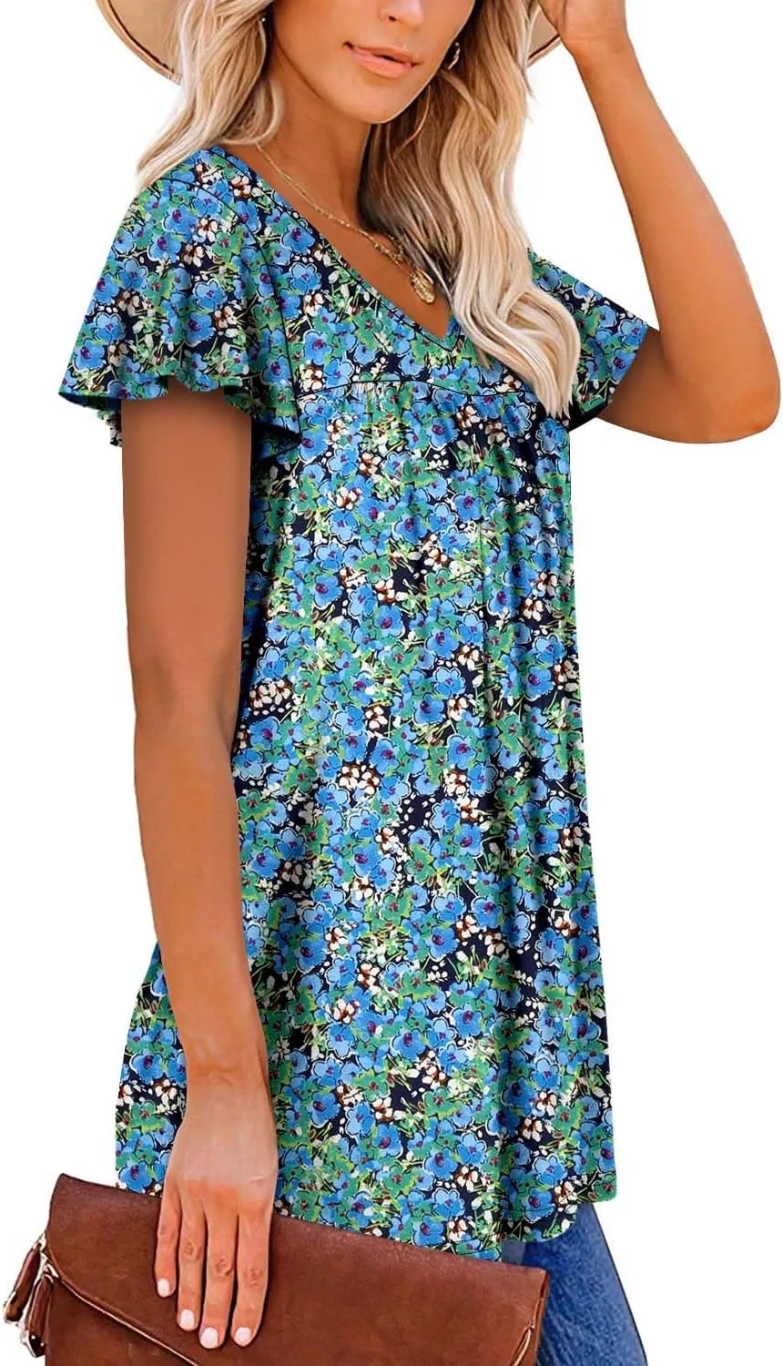 ROSELINLIN Womens Ruffle Sleeve Tunic Tops V Neck Loose Fit Short Sleeve Summer Shirts