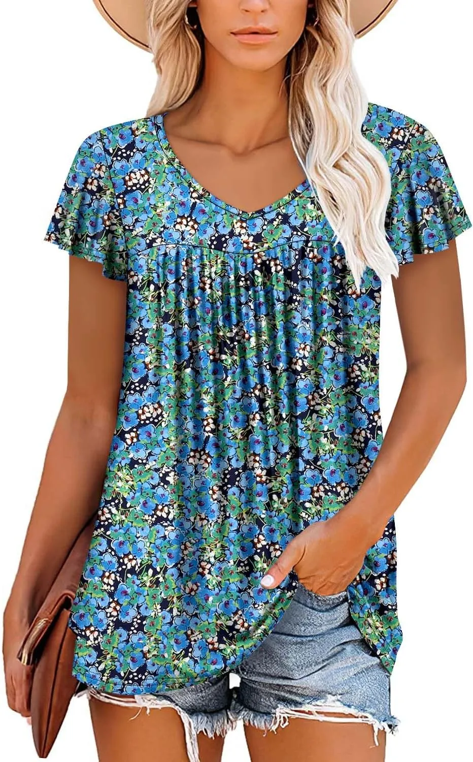 ROSELINLIN Womens Ruffle Sleeve Tunic Tops V Neck Loose Fit Short Sleeve Summer Shirts