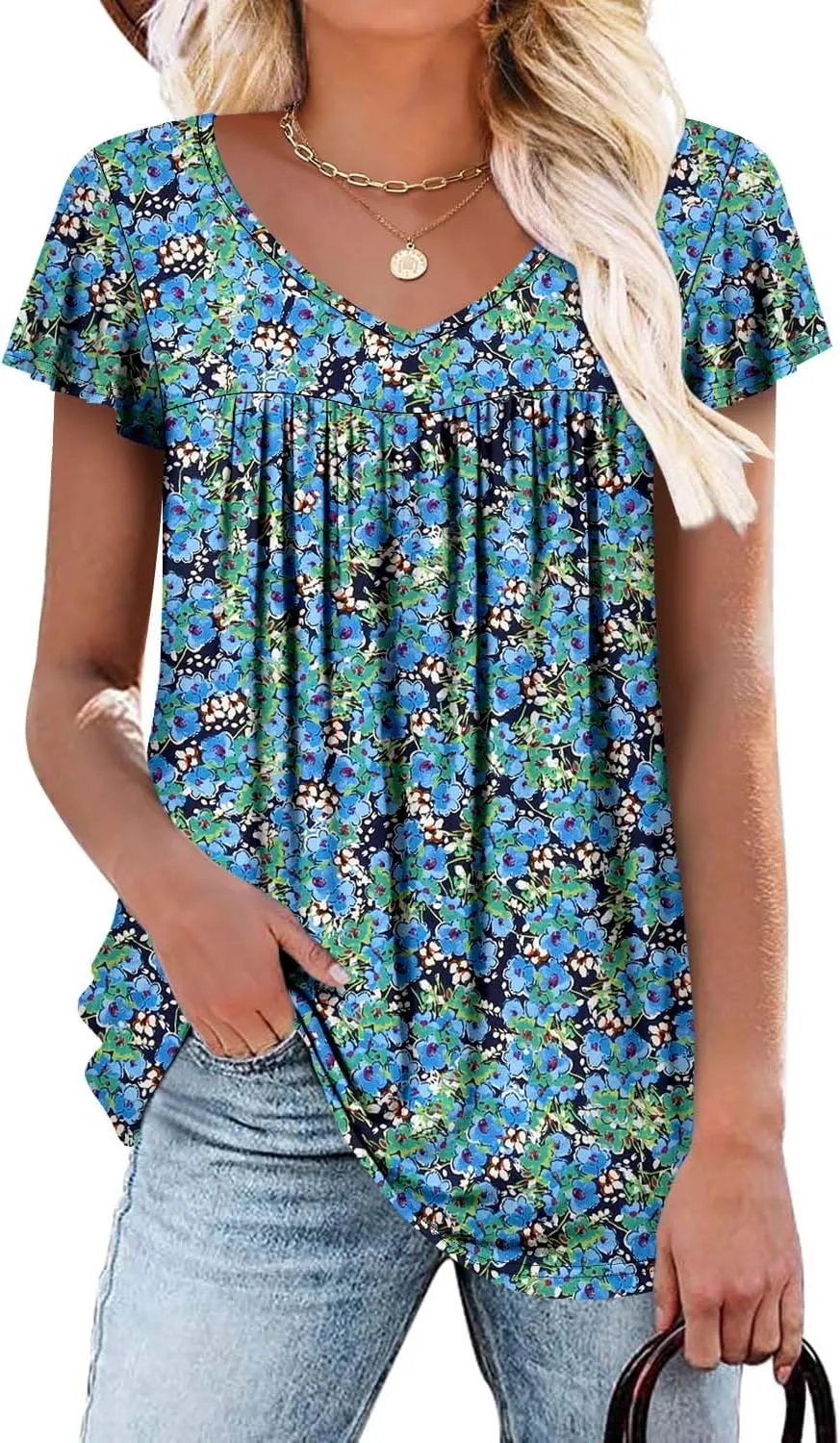 ROSELINLIN Womens Ruffle Sleeve Tunic Tops V Neck Loose Fit Short Sleeve Summer Shirts