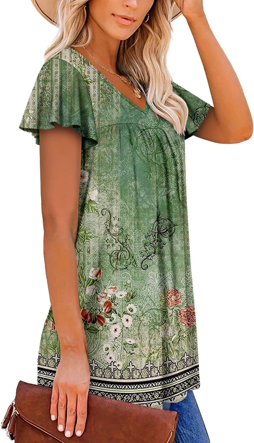 ROSELINLIN Womens Ruffle Sleeve Tunic Tops V Neck Loose Fit Short Sleeve Summer Shirts