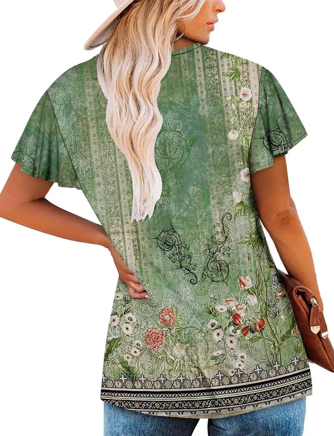 ROSELINLIN Womens Ruffle Sleeve Tunic Tops V Neck Loose Fit Short Sleeve Summer Shirts